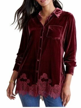 Soft Surroundings Velvet Lace Hem Tunic Blouse Burgundy Button Front, medium.